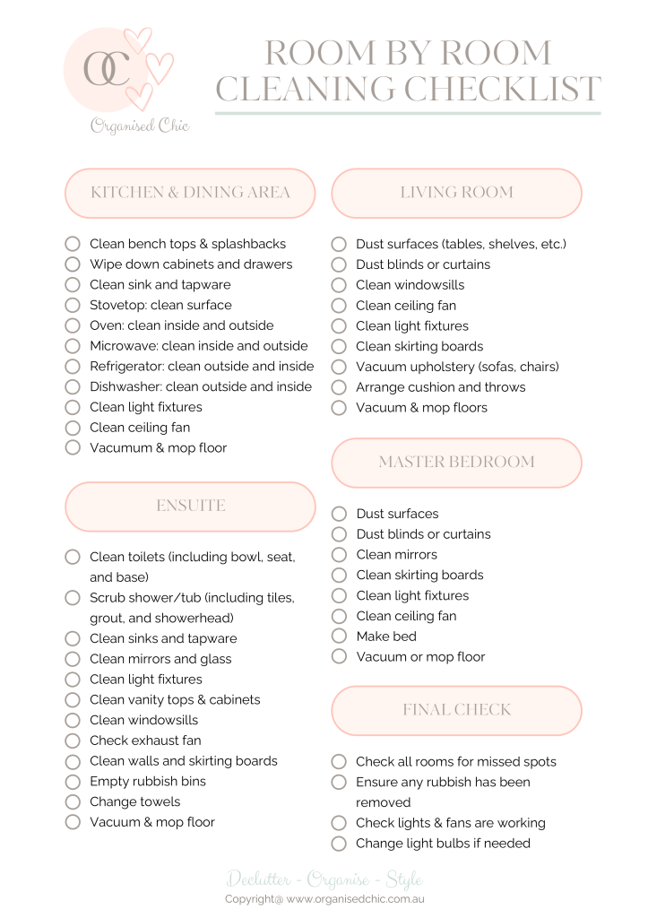 printable room by room cleaning checklist organised chic