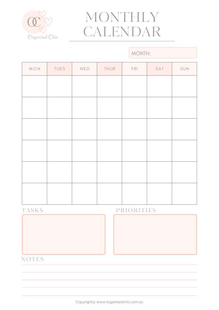 printable monthly calendar organised chic