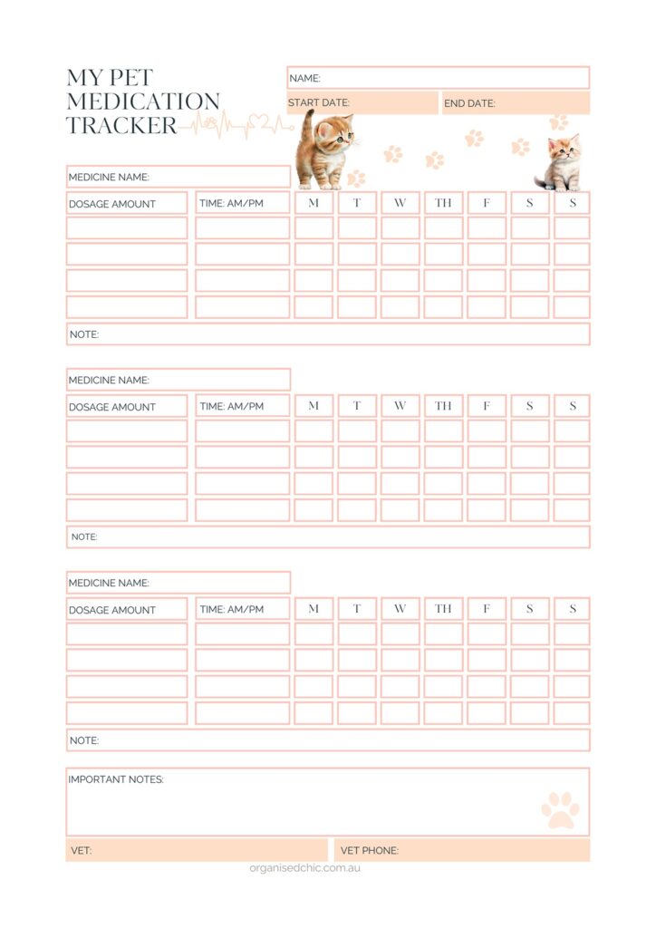 pet medication tracker peach with cats