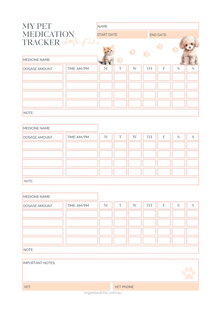 printable pet medication trackers for dogs and cats in purple and peach