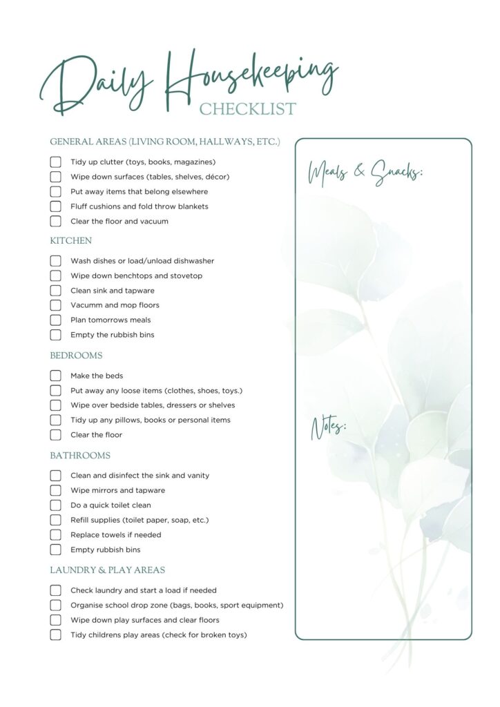 printable daily housekeeping tasks checklist for busy mums. Canva template