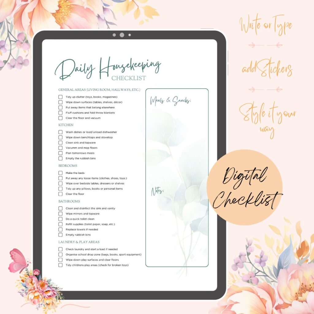 digital daily housekeeping task checklist for busy mums. Canva template