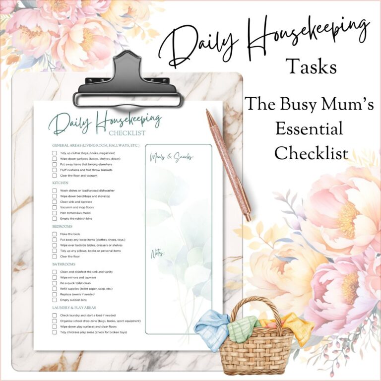 daily housekeeping task checklist for busy mums. Canva template