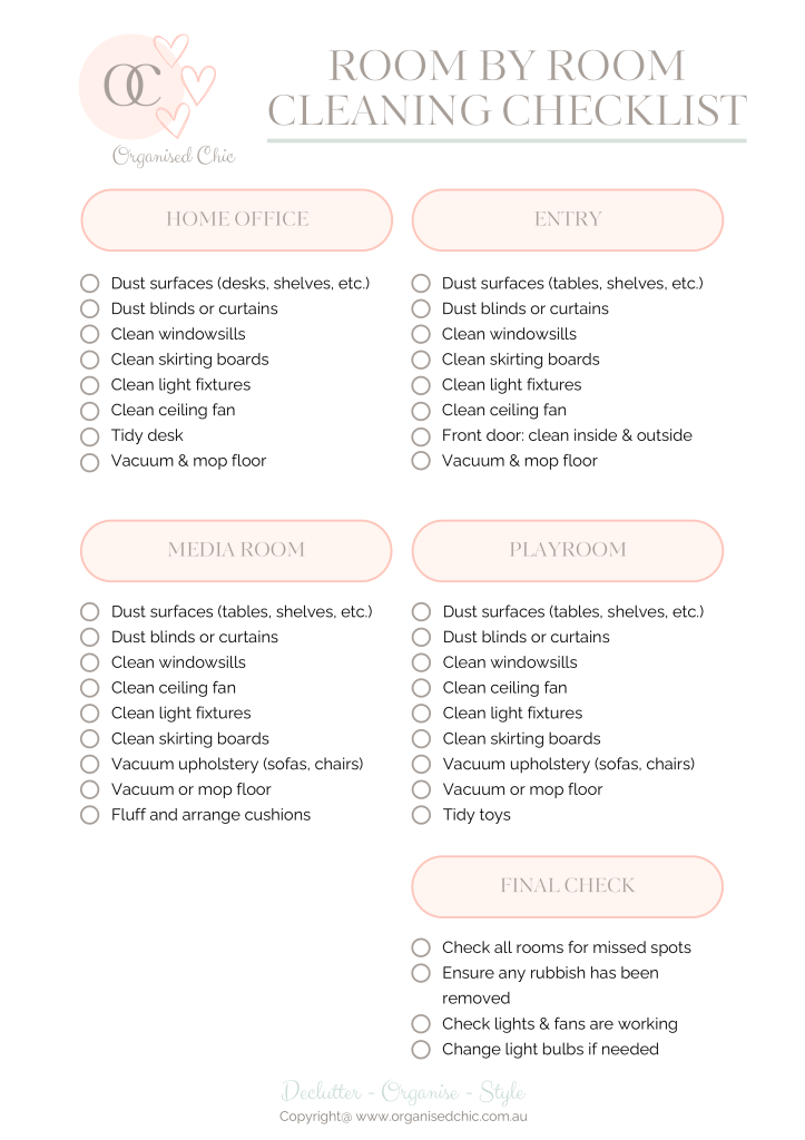 printable room by room cleaning checklist organised chic