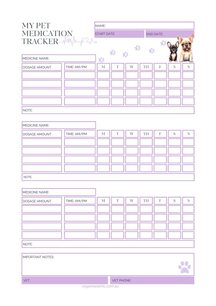 printable pet medication trackers in 5 styles