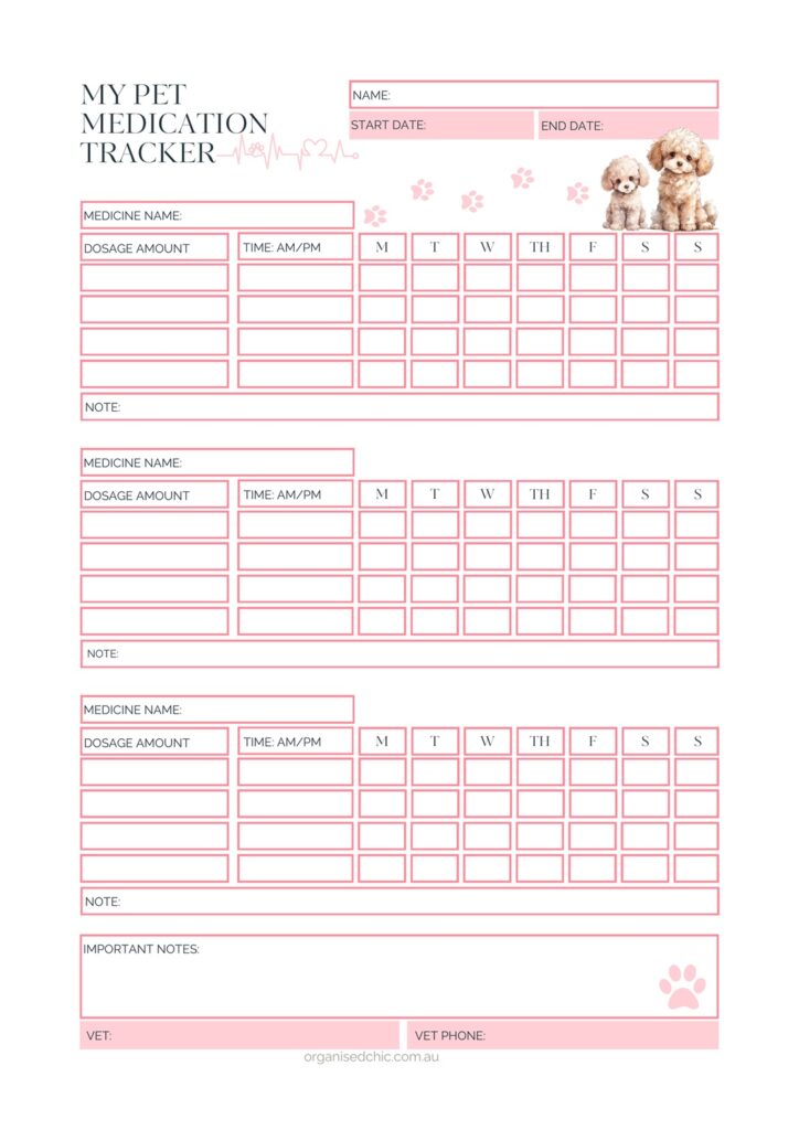 pet medication tracker in pink with puppies