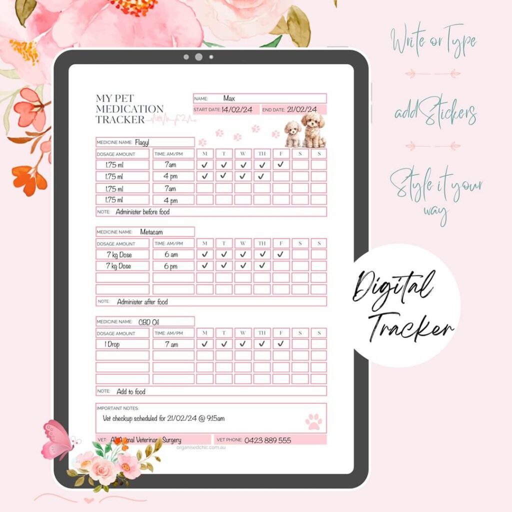 digital pet medication tracker www.organisedchic.com