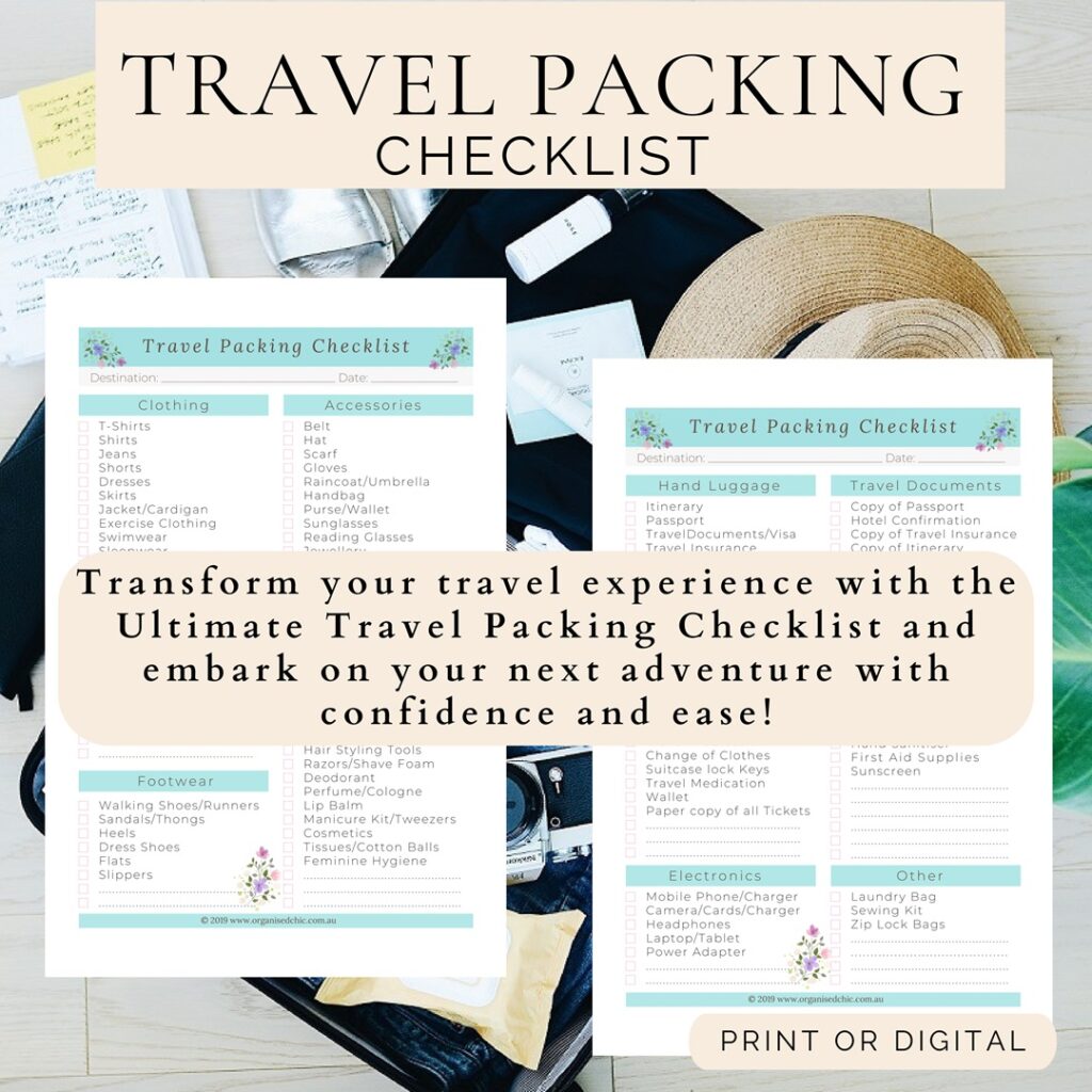 printable travel packing checklist from www.organisedchic.com.au