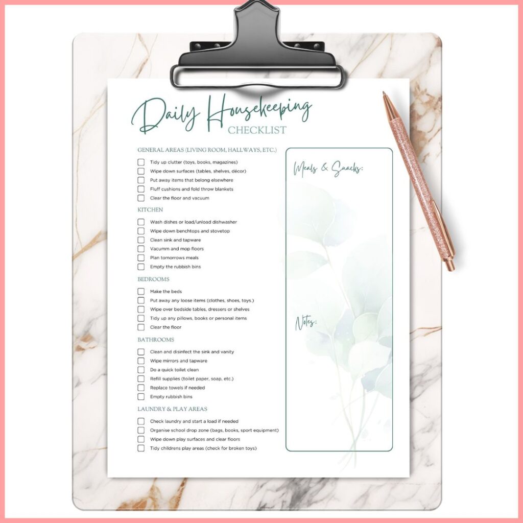 printable daily housekeeping task checklist for busy mums. Canva template