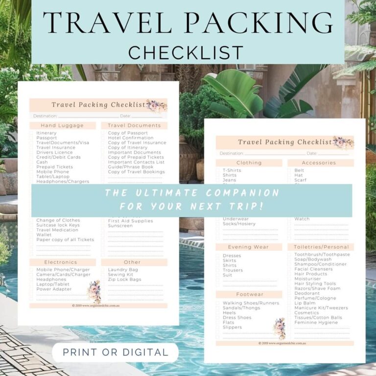 travel packing checklist printable PDF www.organisedchic.com.au